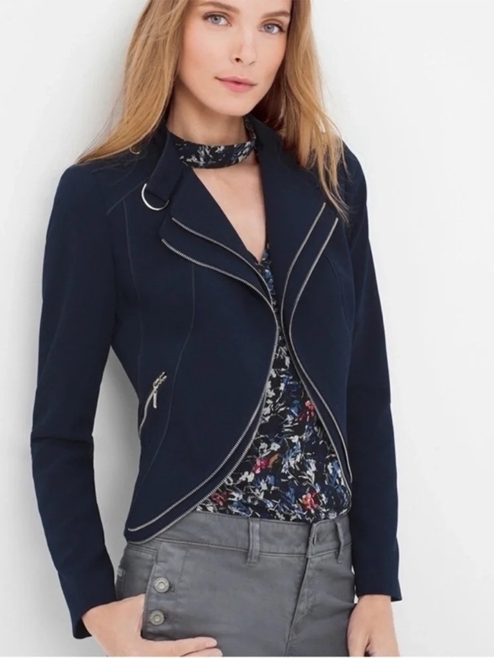 White House Black Market Navy Asymmetrical Zip Blazer